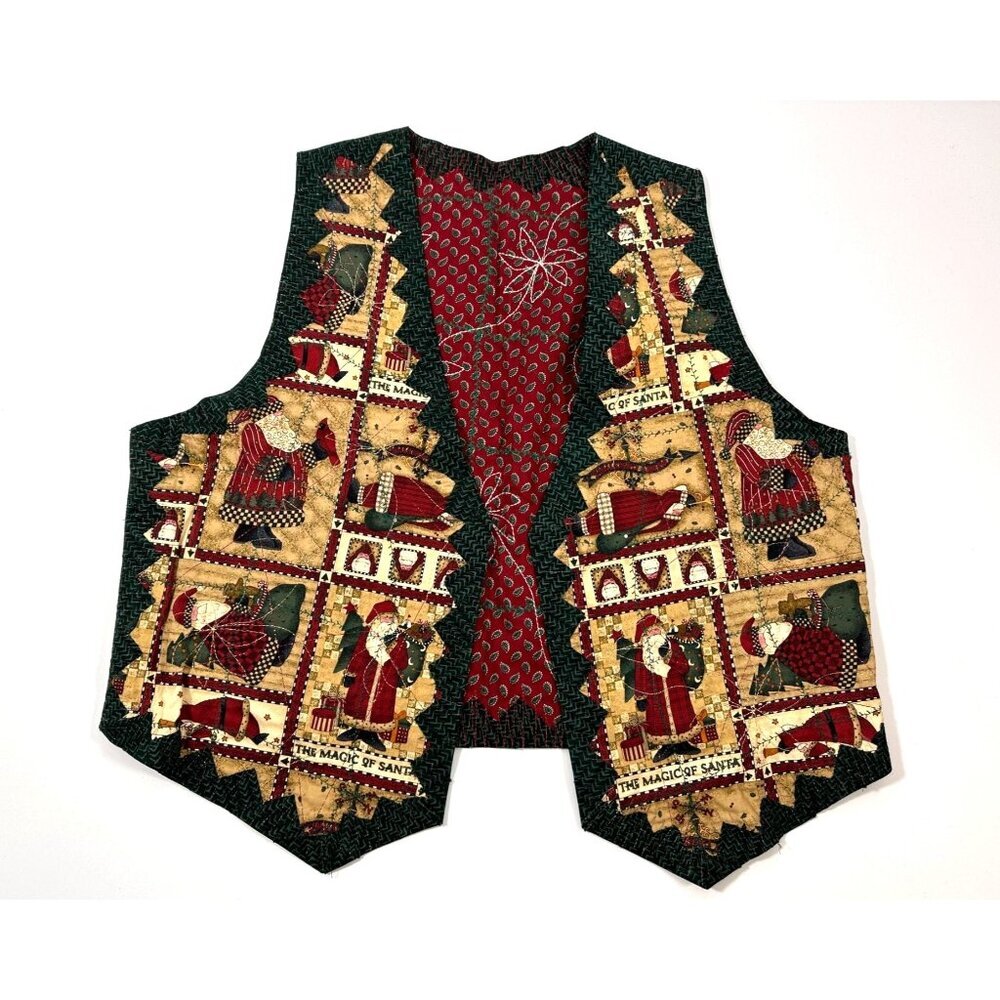 Handmade Reversible Women's Ugly Christmas Vest Folk Santa/Poinsettias Cotton XL